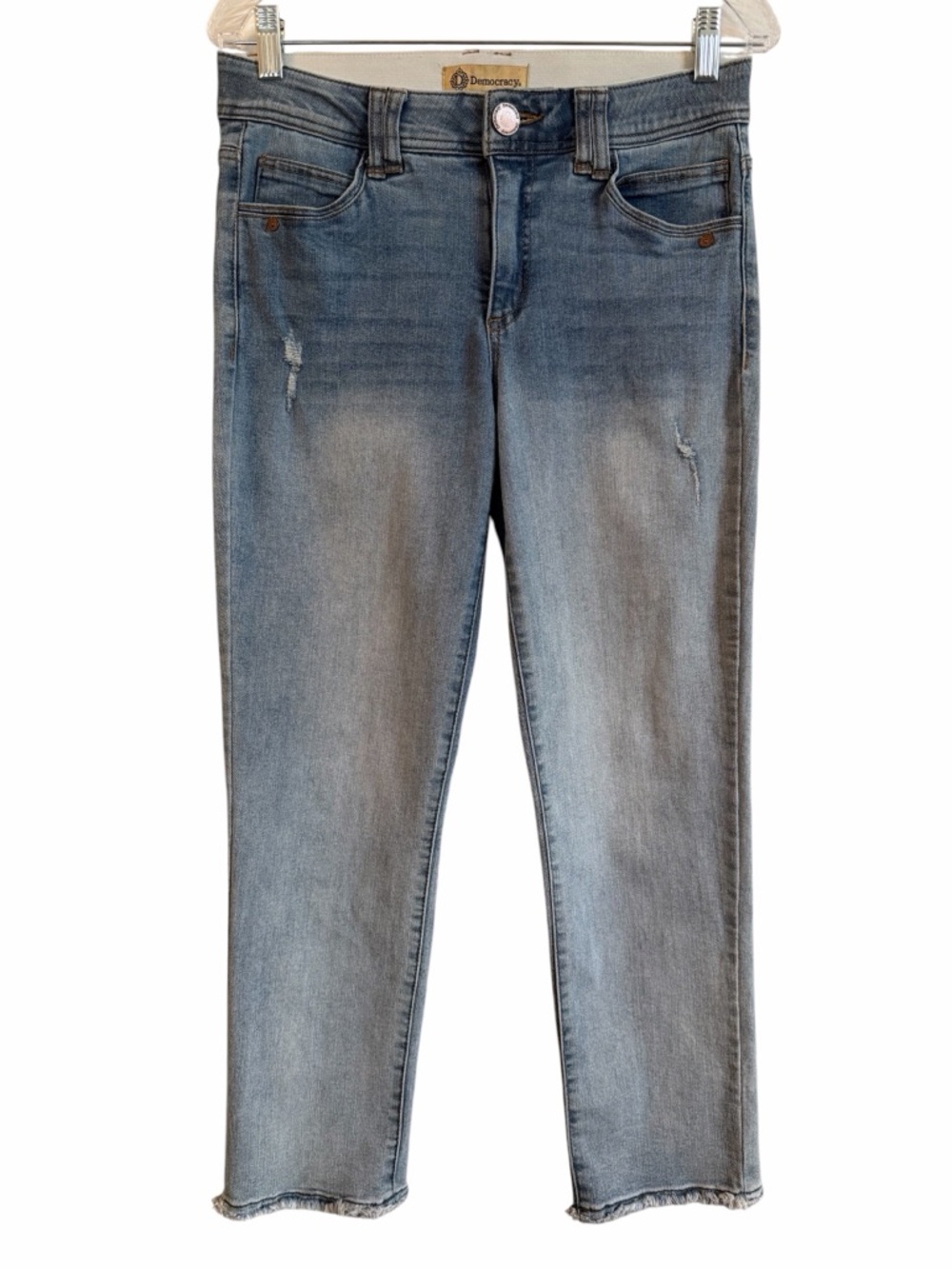 Democracy Ab Technology Jeans Womens 6 Blue Stretch Denim Distressed Frayed Hem